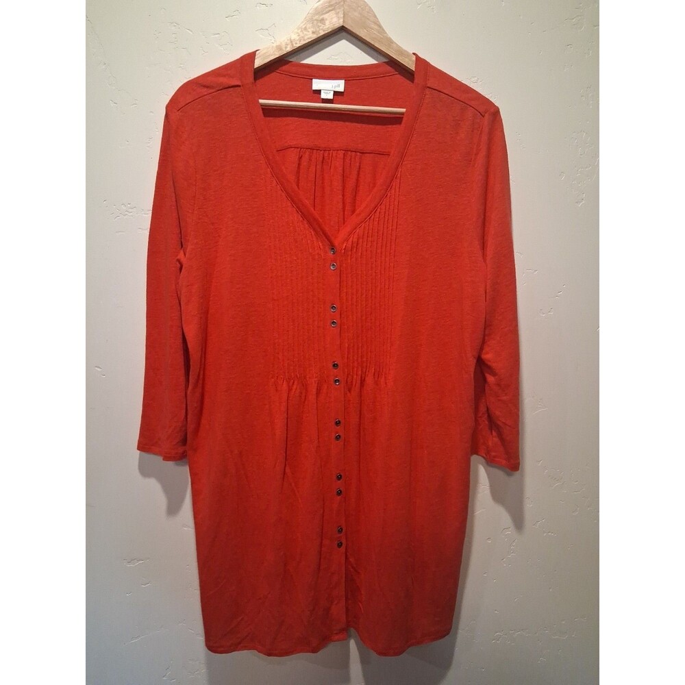 J. Jill Size L Red Linen Blend Button Up 3/4 Sleeve Pintuck Tunic Lagenlook Boho